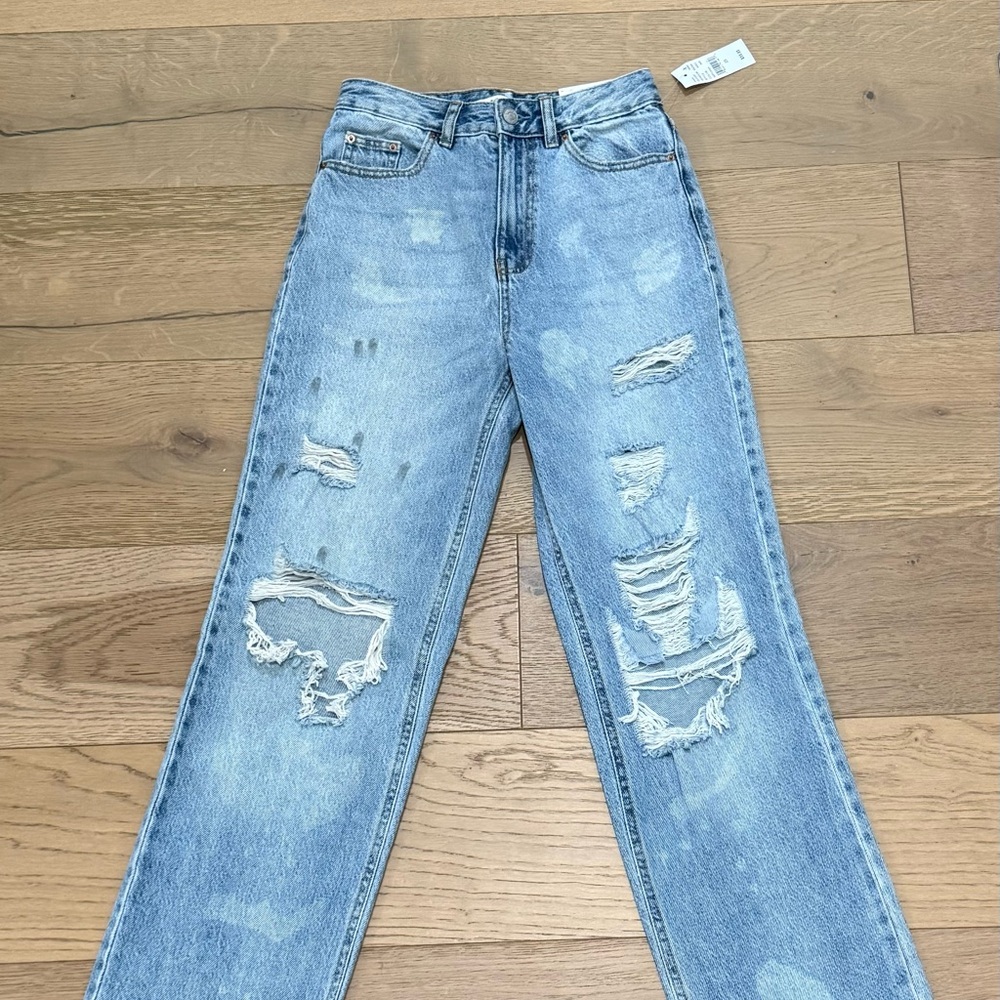 PacSun Blue Straight Leg Jeans with Distressed Details